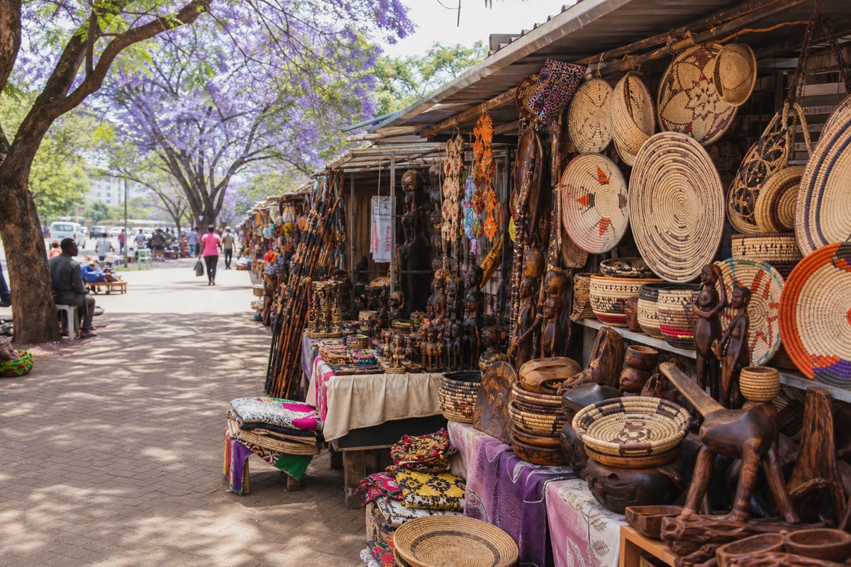 Craft market scene in Harare with woven baskets and carved wooden souvenirs