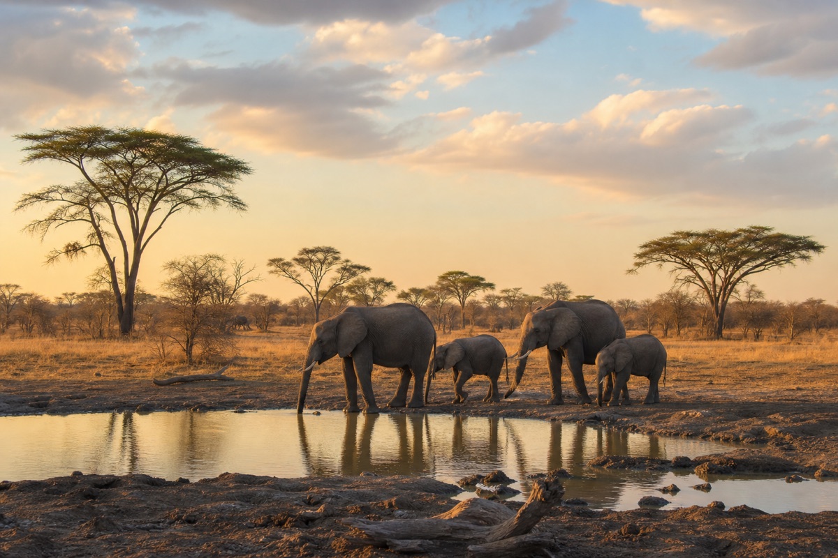 Elephants drinking at a waterhole on a Zimbabwe safari landscape